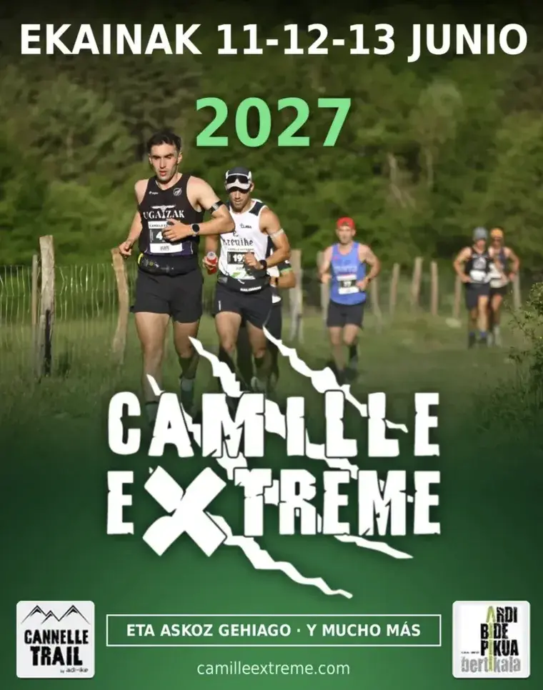 Poster ufficiale della Camille Extreme 2027: corridori su un sentiero della Valle de Roncal, con le date dell'11-13 giugno 2027 e le prove Cannelle Trail e Ardibidepikua Bertikala