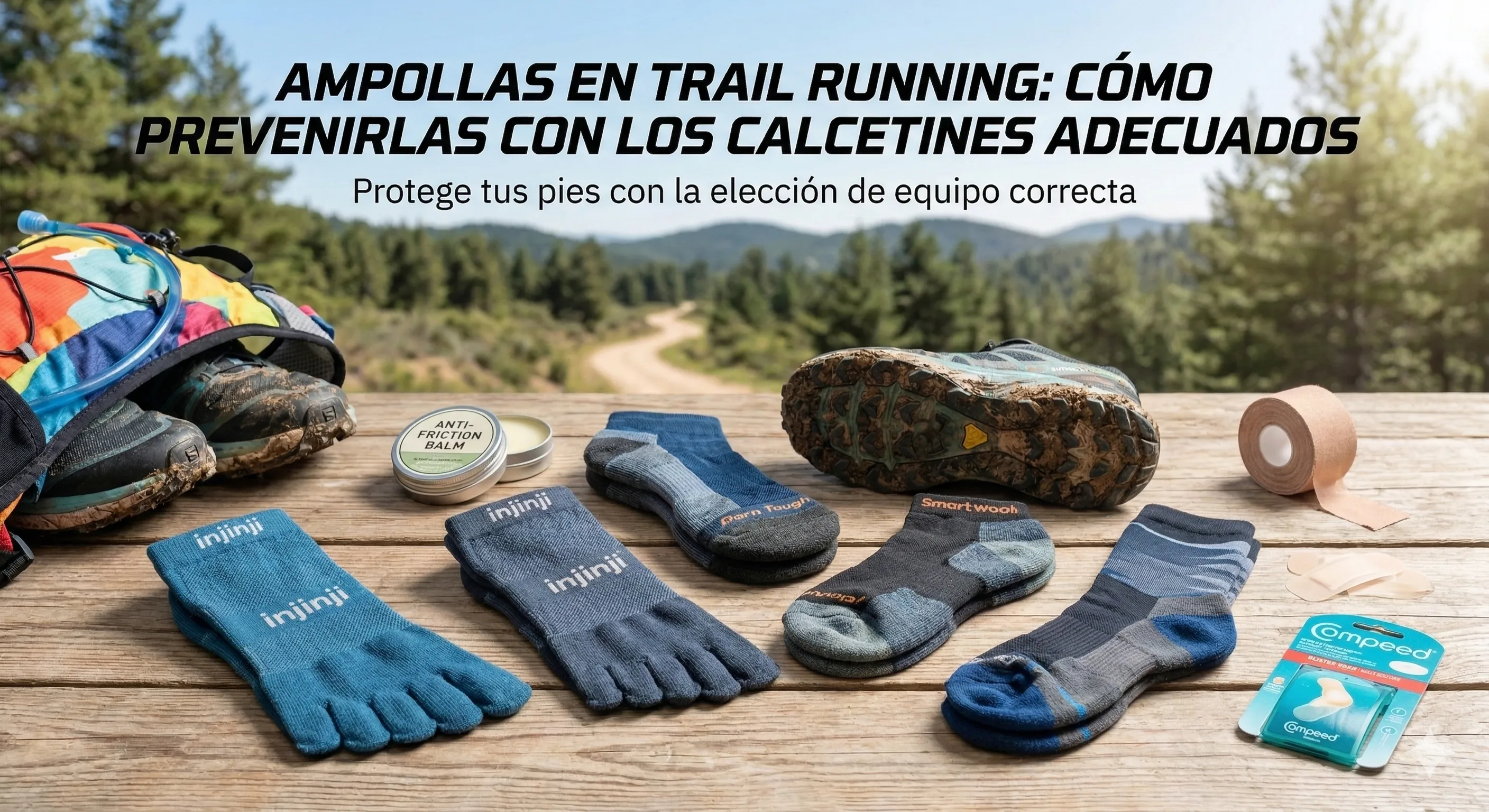 Primer plano de pies de trail runner con calcetines técnicos en un sendero de montaña