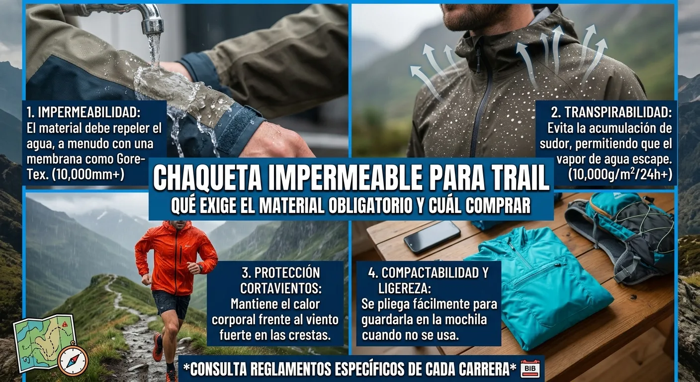 Infografía de la chaqueta impermeable para trail: impermeabilidad, transpirabilidad, protección cortavientos y compactabilidad