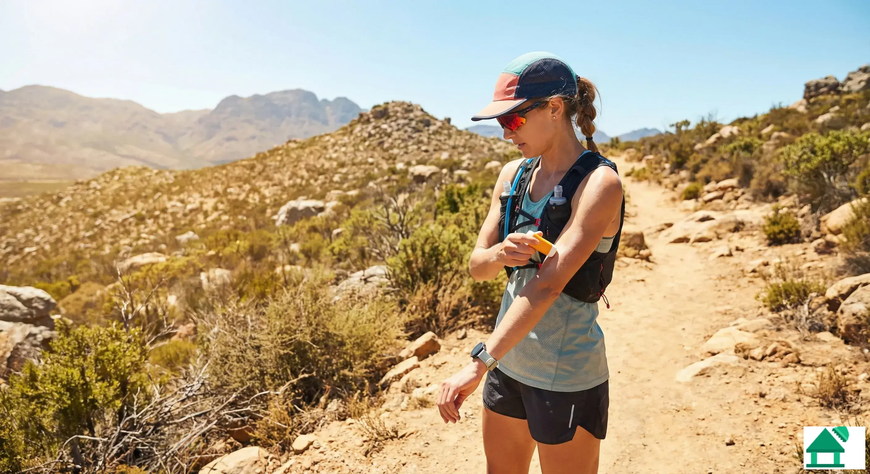 Corredora aplicándose crema solar antes de una carrera de trail