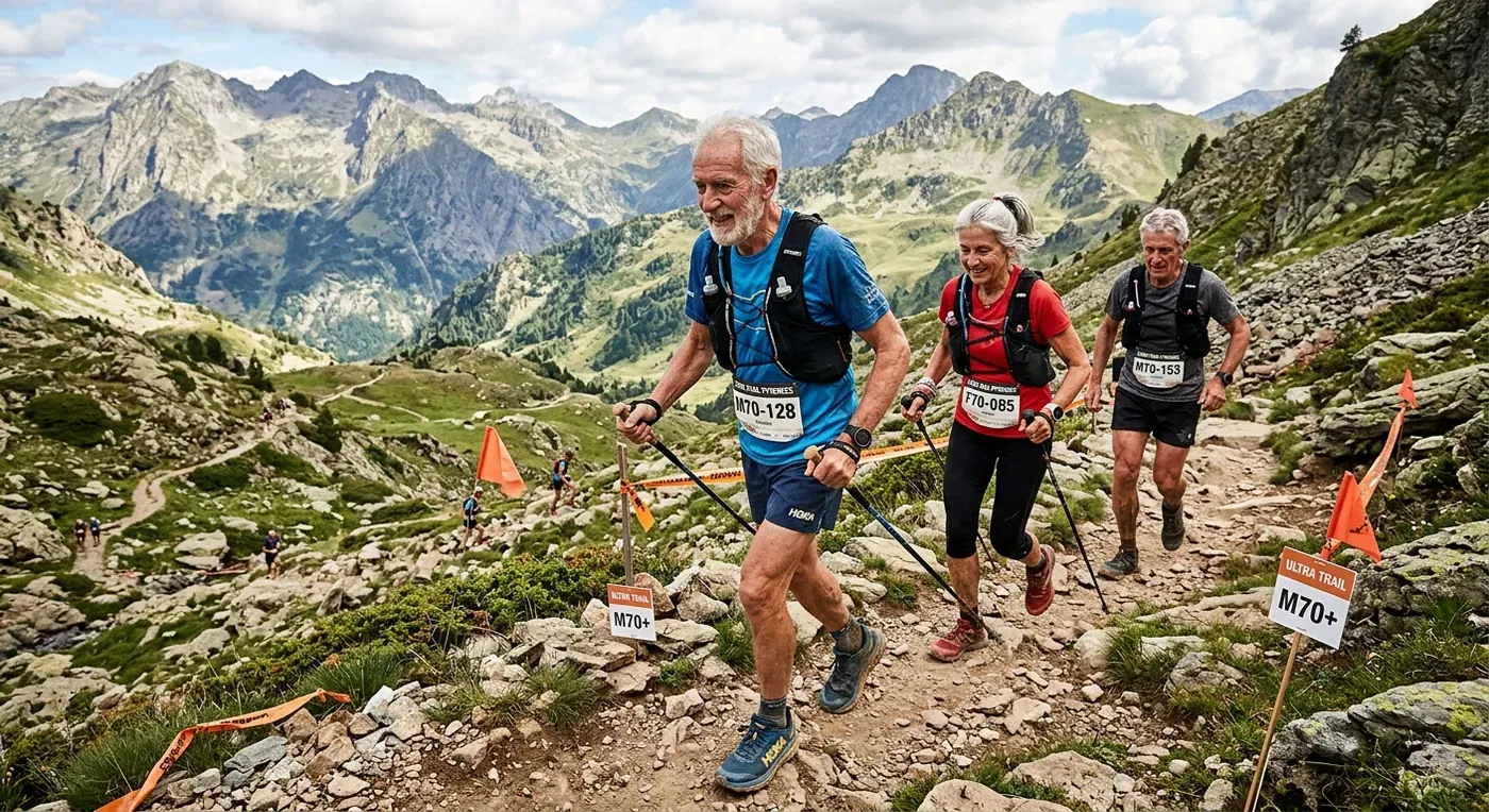 Corredores veteranos con dorsales M70+ subiendo por un sendero de alta montaña en una ultra trail