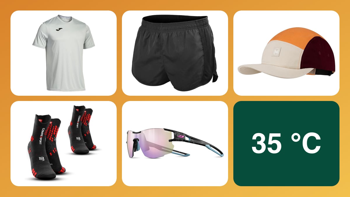Collage der empfohlenen Laufausrüstung bei 35 °C mit konkreten Kleidungs- und Zubehörmodellen
