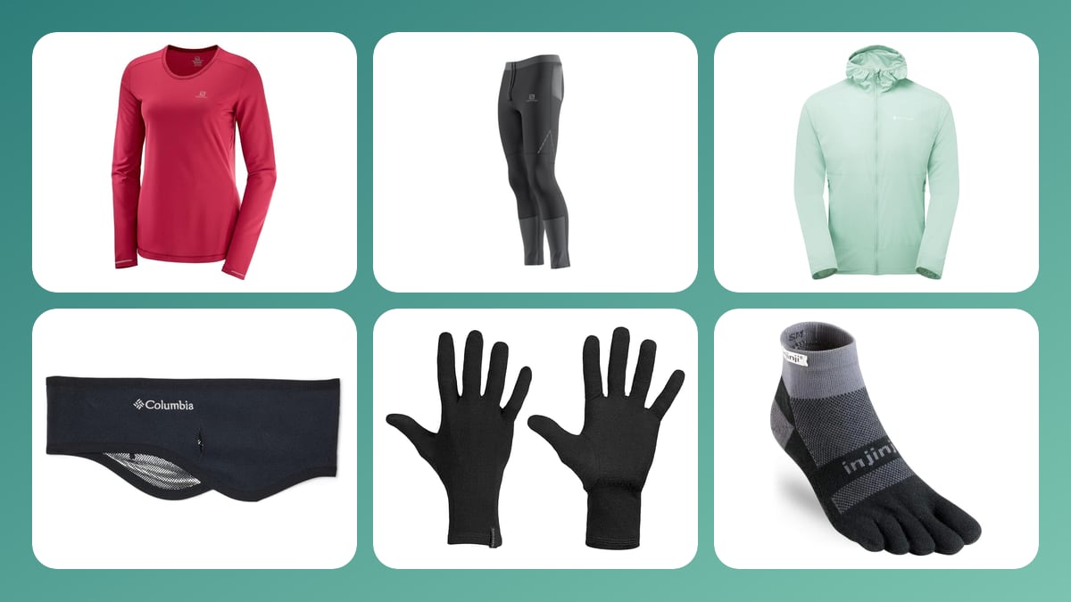Collage der empfohlenen Laufausrüstung für diese Bedingungen mit konkreten Kleidungs- und Zubehörmodellen